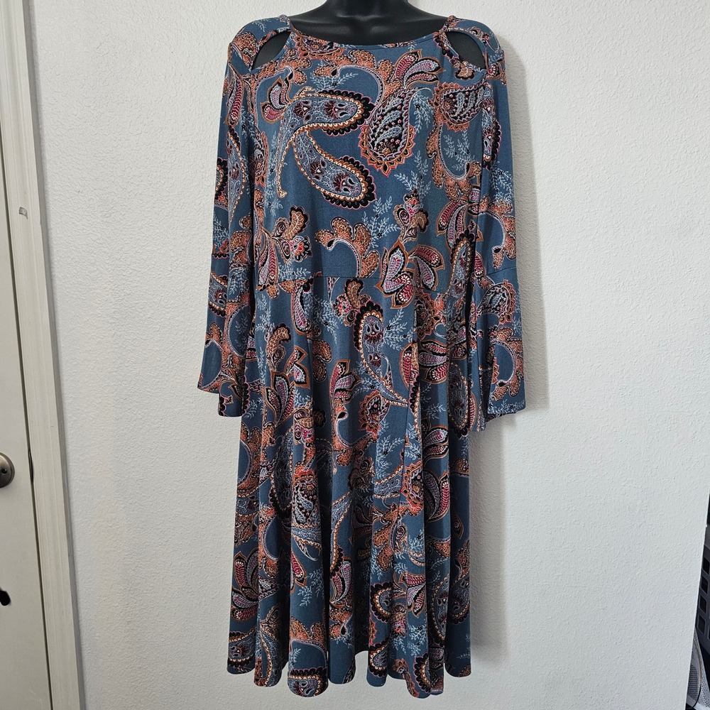 Ivanka Trump Blue Paisley Cold Shoulder Bell Sleeve Fit & Flare Dress Large